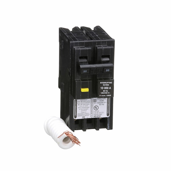Square D Miniature Circuit Breaker, HOM Series, 50A, 2 Pole, 120/240V AC, 10kA, A Curve HOM250GFICP - main